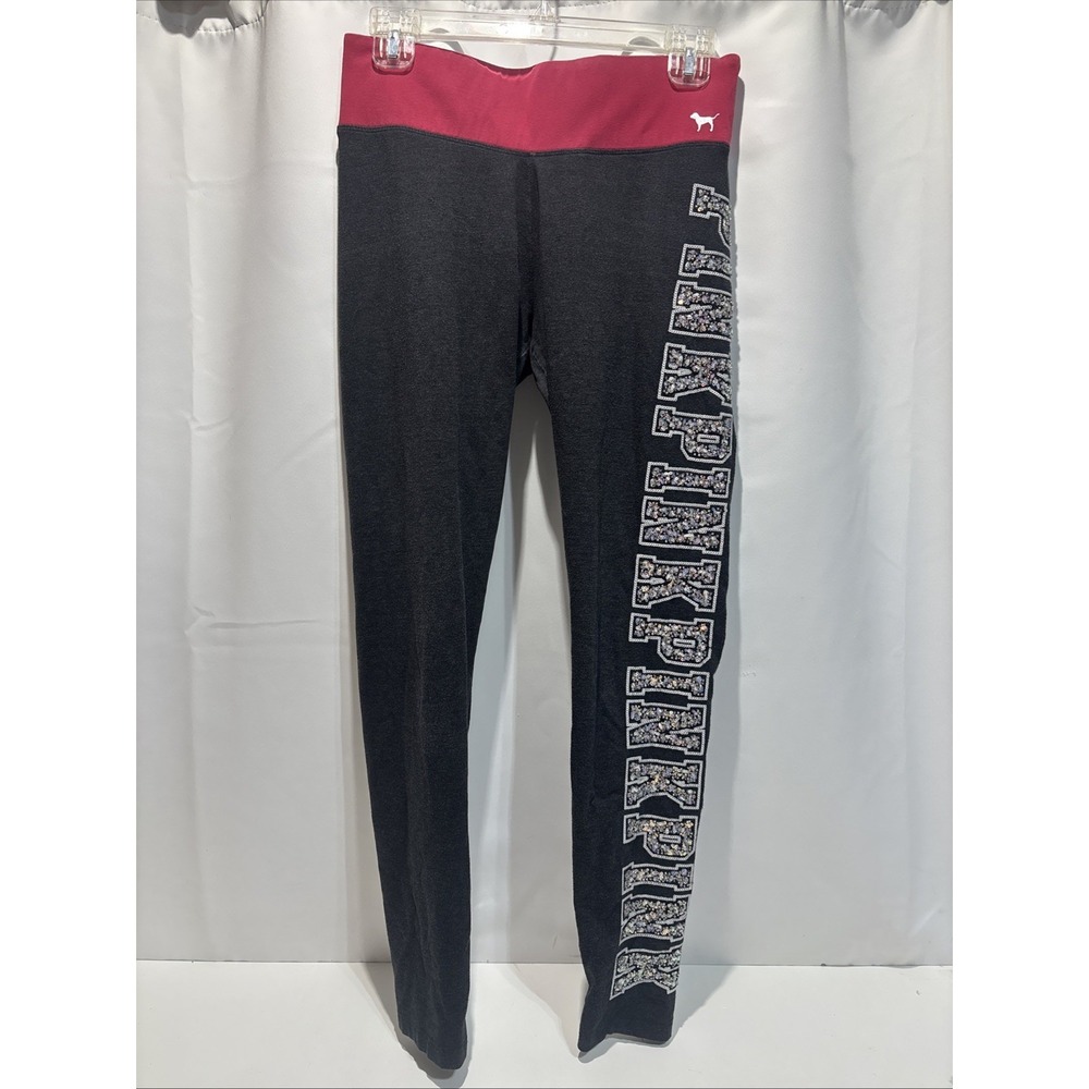 VS PINK Vintage Rhinestone Bling Yoga Leggings Charcoal Gray & Pink Medium Y2K